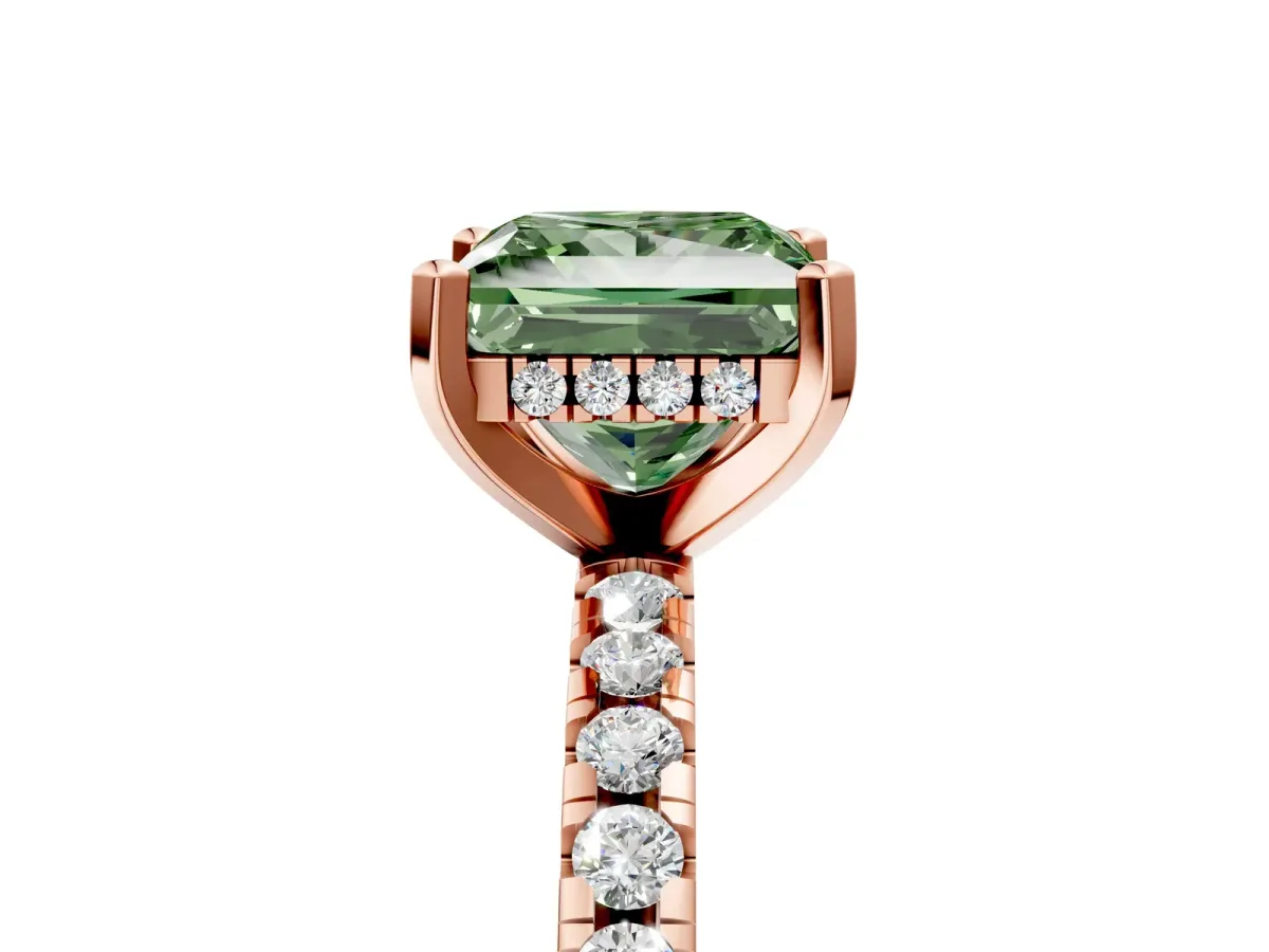 Fancy Green Princess Cut Diamond Solitaire Ring with Round Pavé Band and Four-Prong Setting Rose gold
