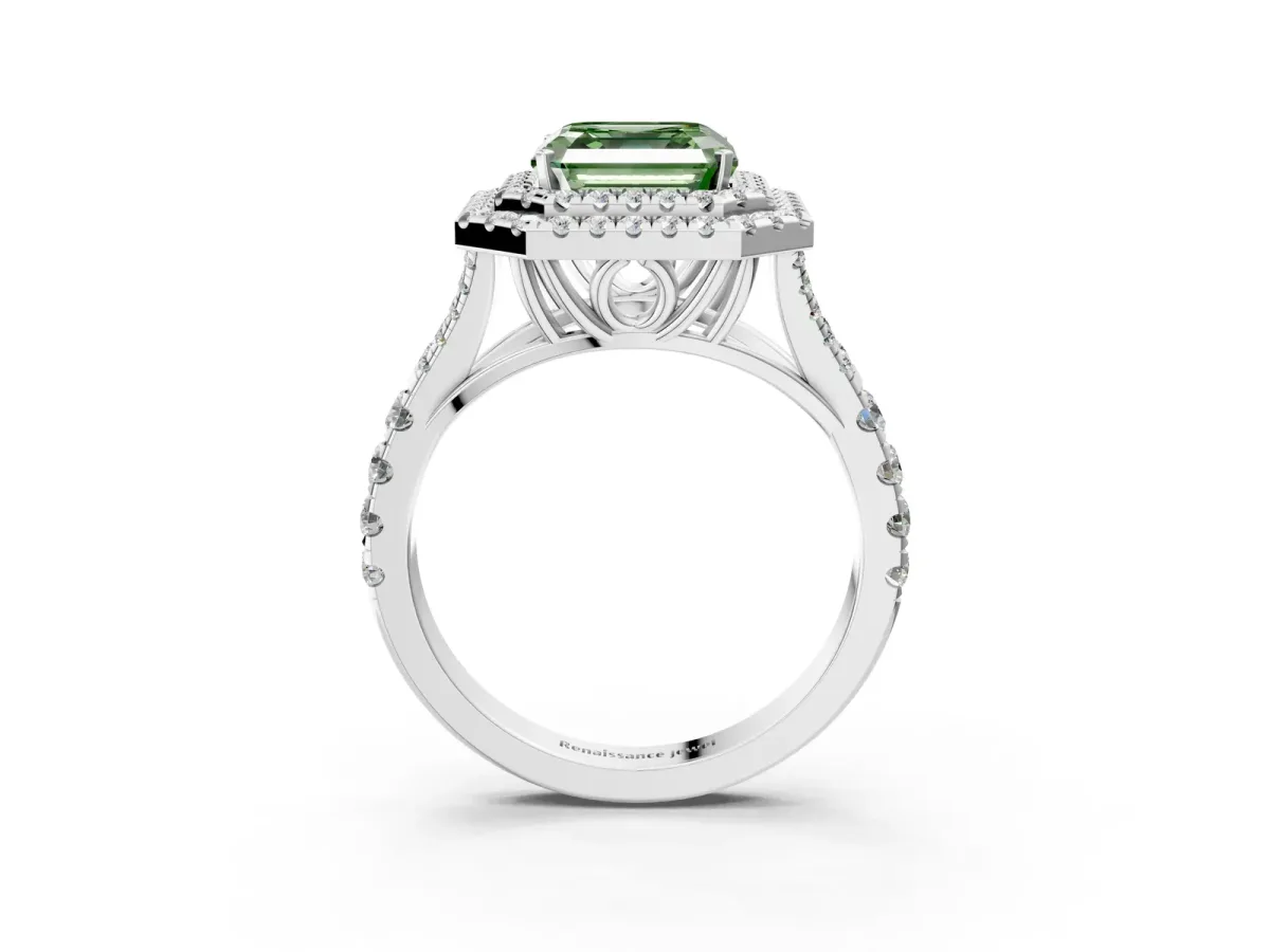 Fancy Green Asscher Cut Diamond Double Halo Ring with Split Shank and Prong Setting Silver