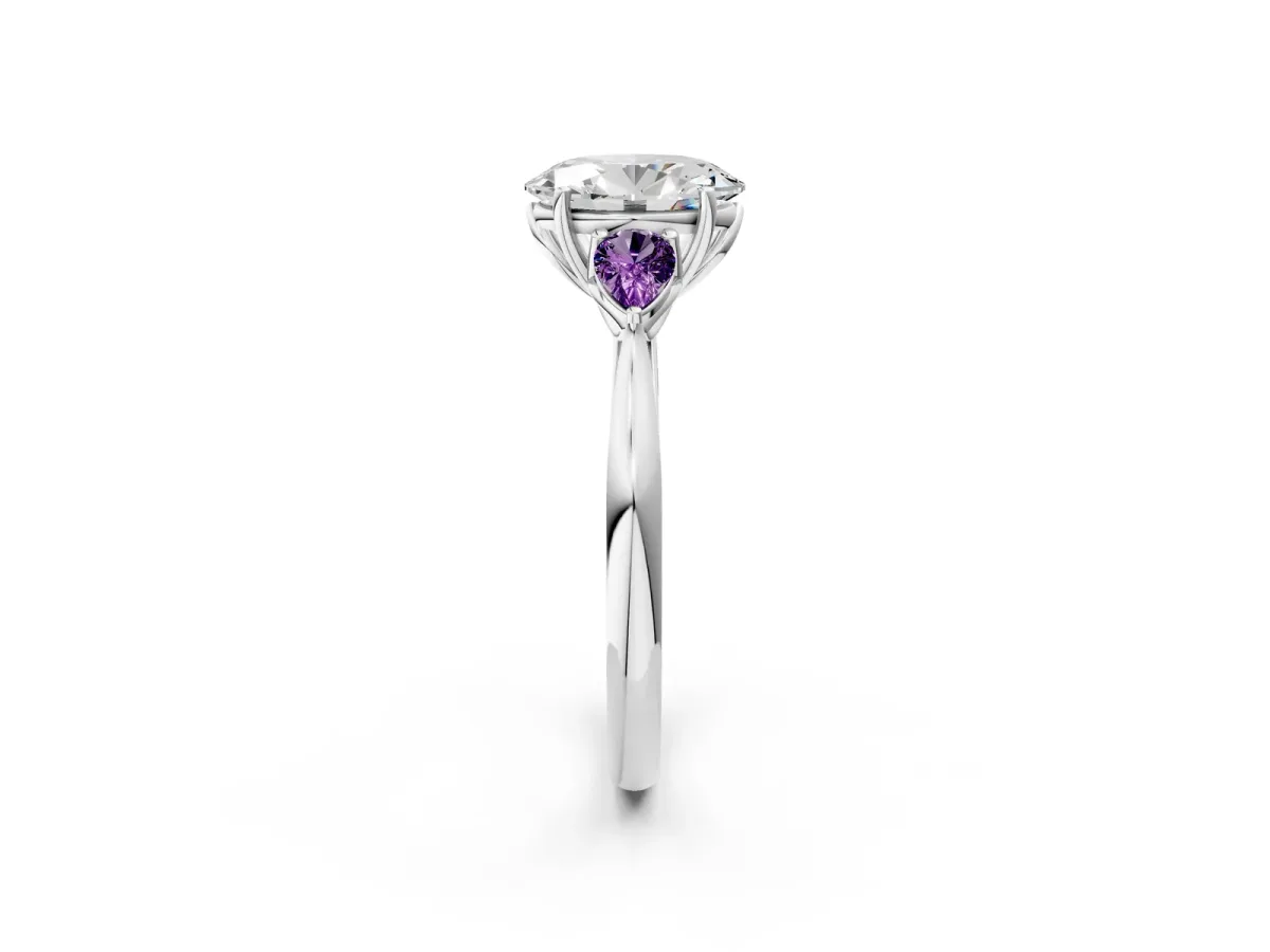 Oval Cut Diamond Three-Stone Ring with Pear Amethyst Side Stones and Prong Setting Silver