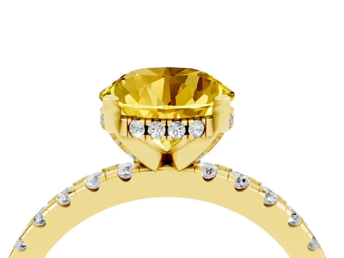 Round Cut Yellow Sapphire Solitaire Ring with Round Pavé Band and Four-Prong Setting Yellow gold