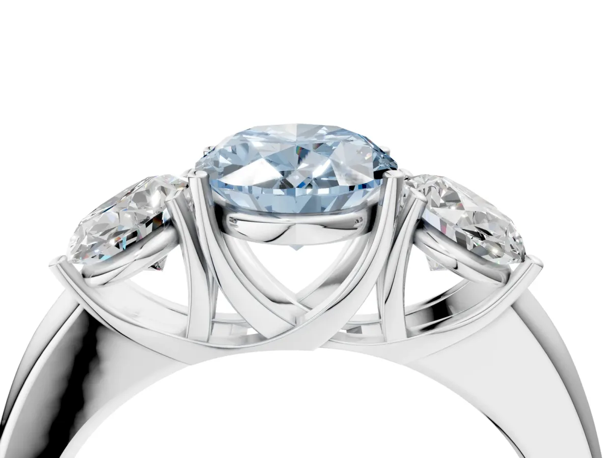 Fancy Blue Oval Cut Diamond Three-Stone Ring with Four-Prong Setting and Classic Band White gold