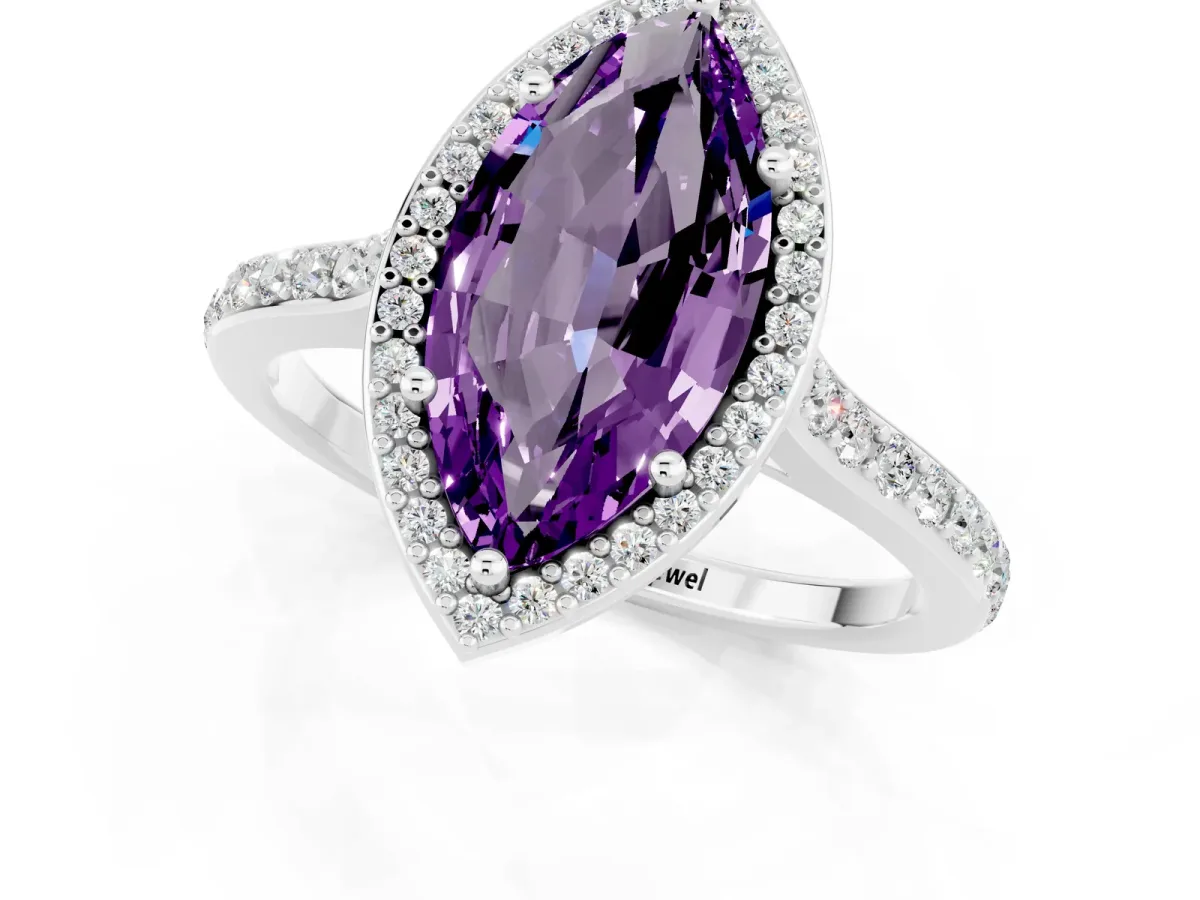 Marquise Cut Amethyst Halo Engagement Ring with Round Pavé Shoulders and Prong Setting Platinum