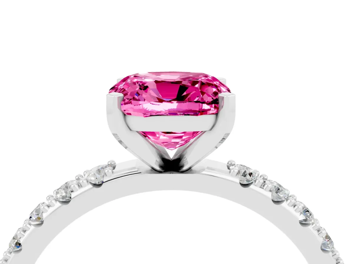 Cushion Cut Pink Sapphire Solitaire Pavé Band with Four-Prong Setting Silver