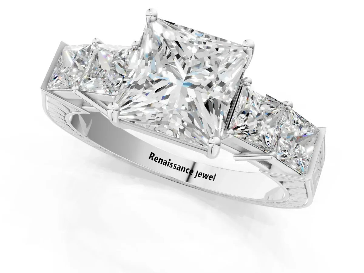 Princess Cut Solitaire Princess Side Stone Engraved Band Prong Setting Ring Silver
