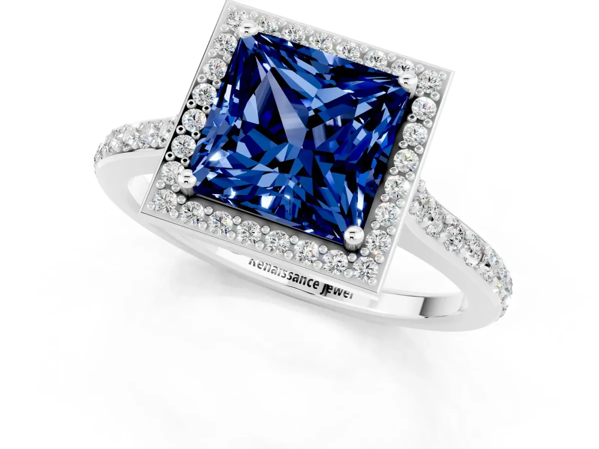 Princess Cut Blue Sapphire Halo Engagement Ring with Round Pavé Shoulders and Prong Setting Silver