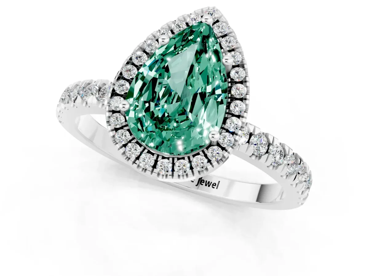 Pear Cut Green Sapphire Classic Halo Engagement Ring with Round Pavé Band and Prong Setting Silver