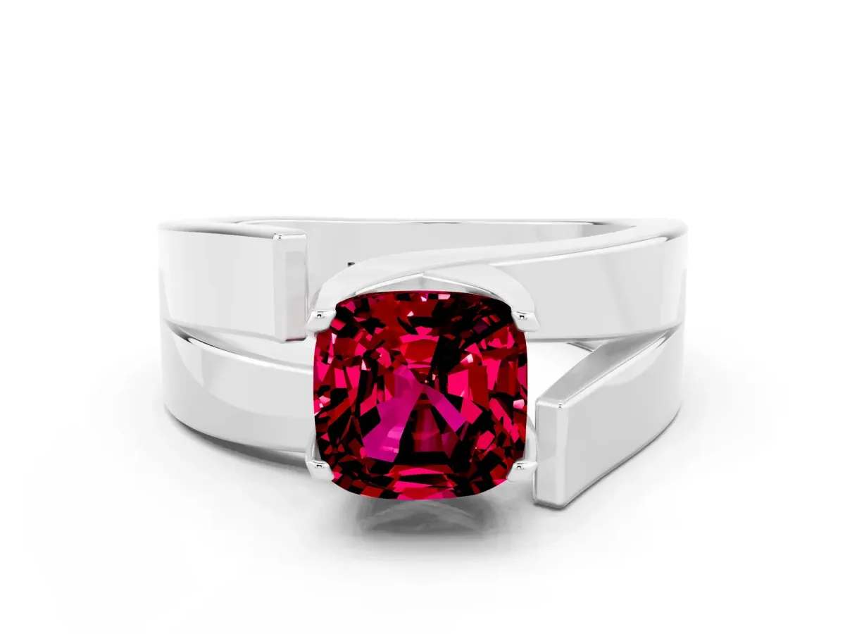 Modern Tension Set Cushion Cut Garnet Solitaire Wide Band Ring Silver