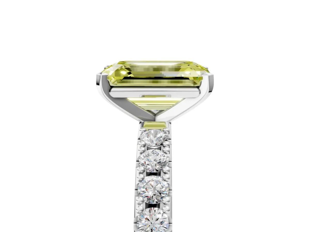 Fancy Yellow Emerald Cut Diamond Solitaire Pavé Band with Four-Prong Setting Platinum