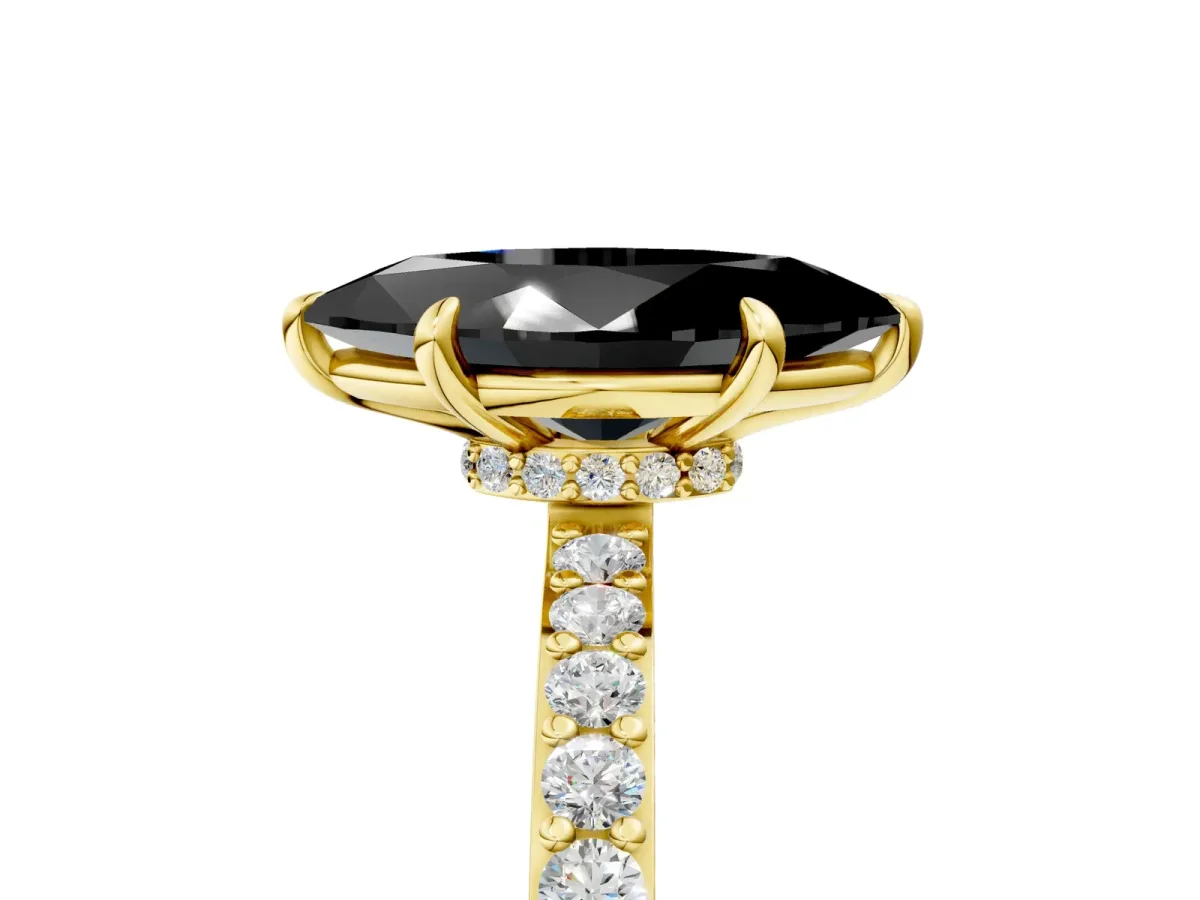 Fancy Black Marquise Cut Diamond Solitaire Engagement Ring with Pavé Band and Four-Prong Setting Yellow gold
