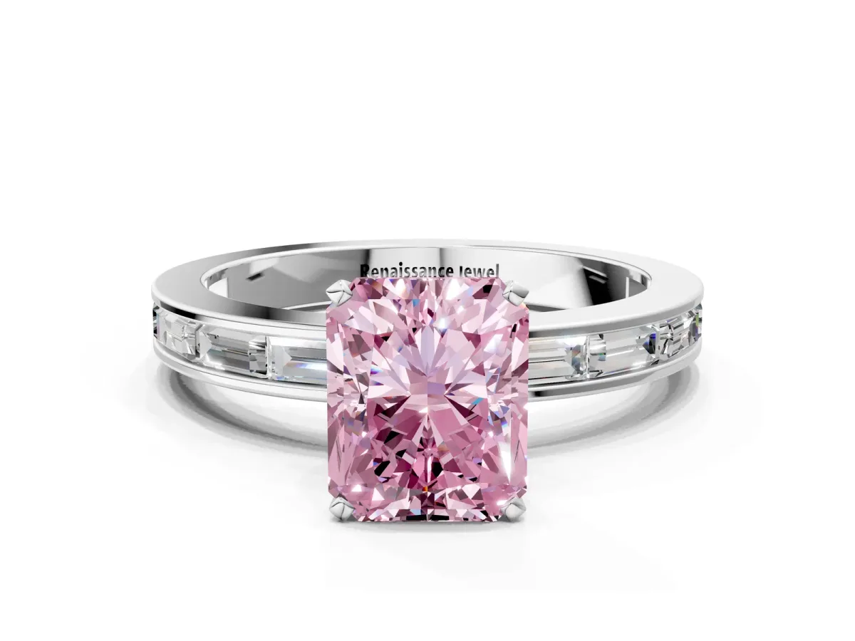Fancy Pink Radiant Cut Solitaire Diamond Ring with Channel-Set Baguette Band and Four-Prong Setting White gold