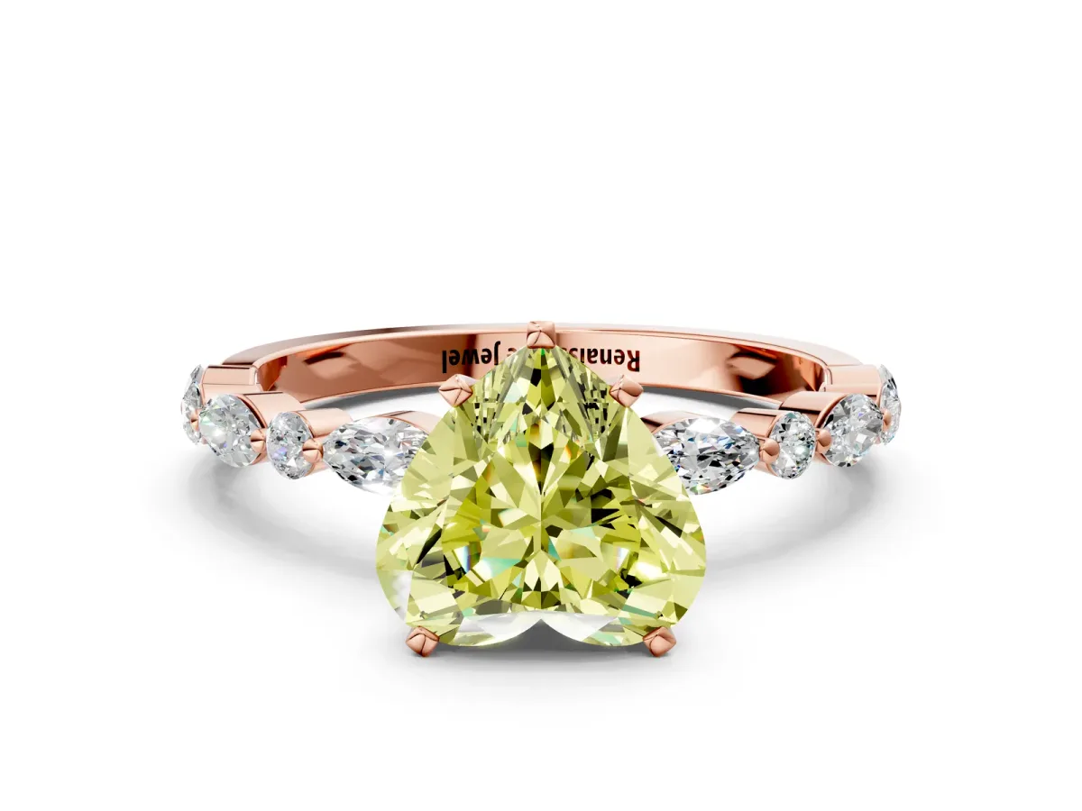 Fancy Yellow Heart Cut Diamond Ring with Marquise and Round Side Stones and Four-Prong Setting Rose gold