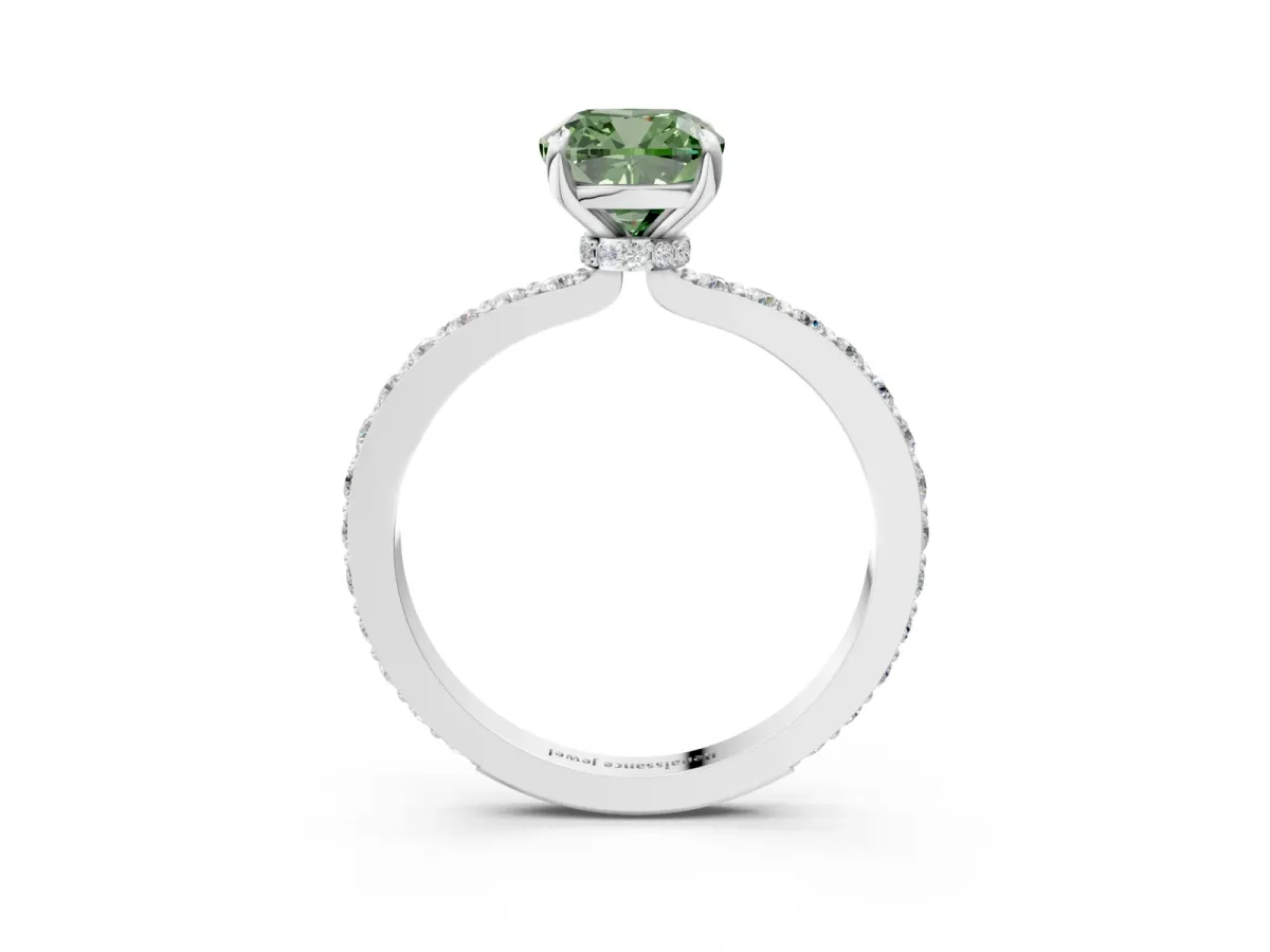 Fancy Green Cushion Cut Diamond Solitaire Engagement Ring with Pavé Band and Four-Prong Setting White gold