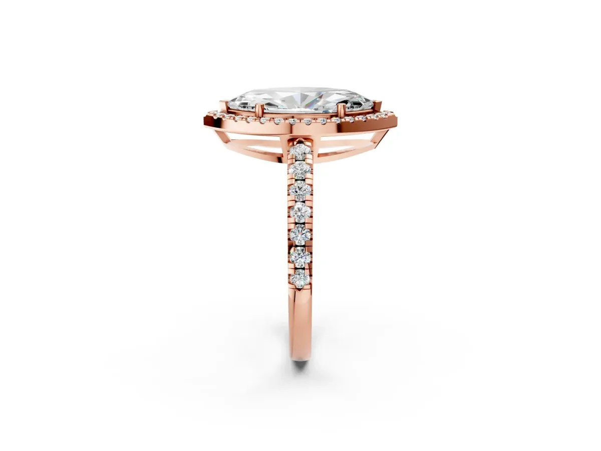 Marquise Cut Diamond Halo Ring with Pavé Band and Four-Prong Setting Rose gold