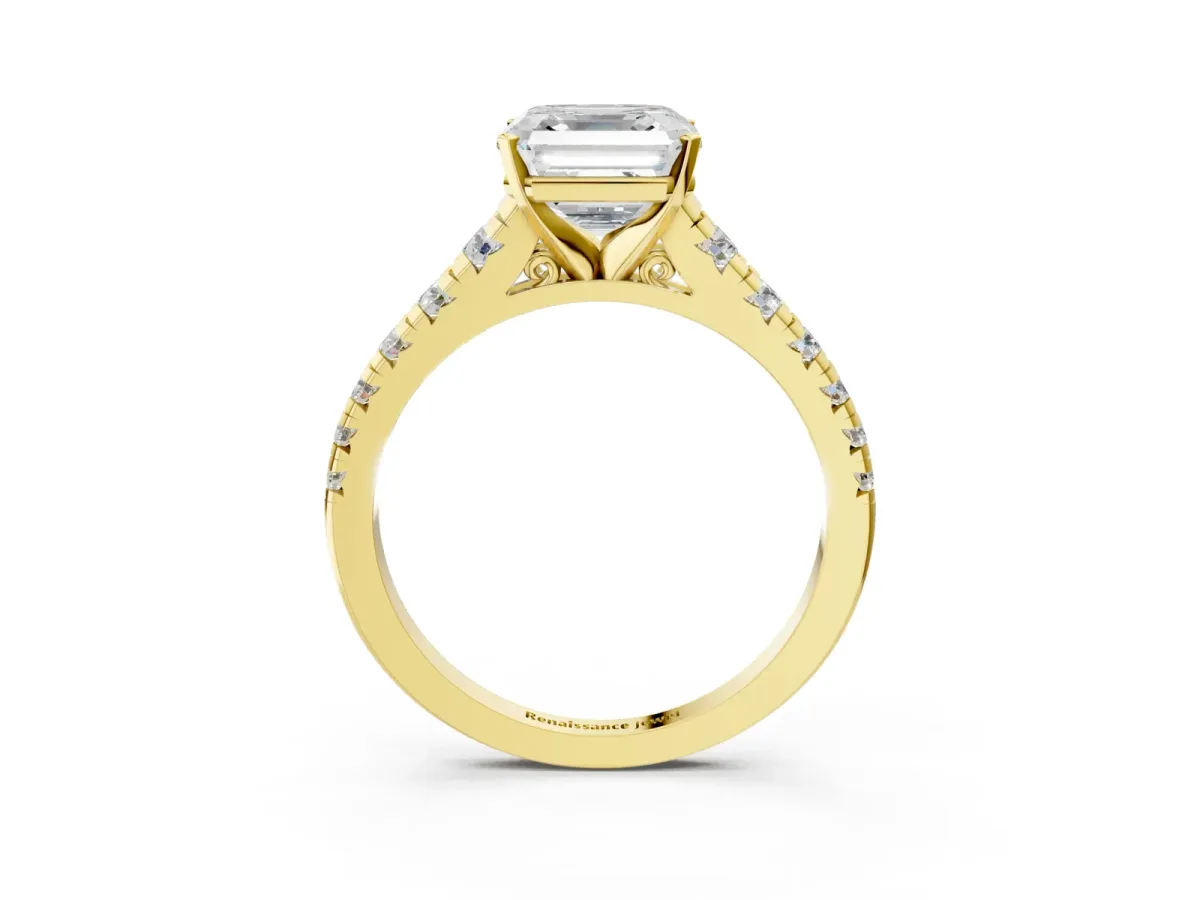 Asscher Cut Diamond Cathedral Solitaire Ring with Round Moissanite Pavé Band Yellow gold