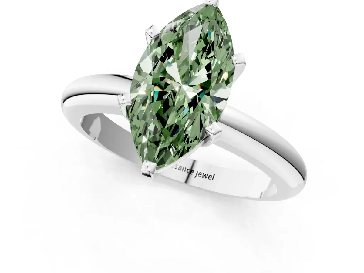 Fancy Green Marquise Cut Diamond Solitaire Engagement Ring with Round Band and Four-Prong Setting White gold