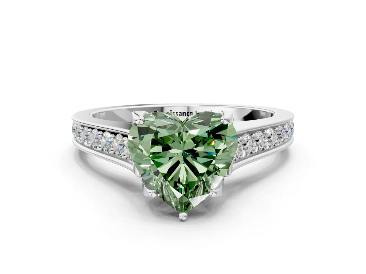 Fancy Green Heart Cut Brilliant Cut Diamond Engagement Ring with Pavé Band and Four-Prong Setting Platinum