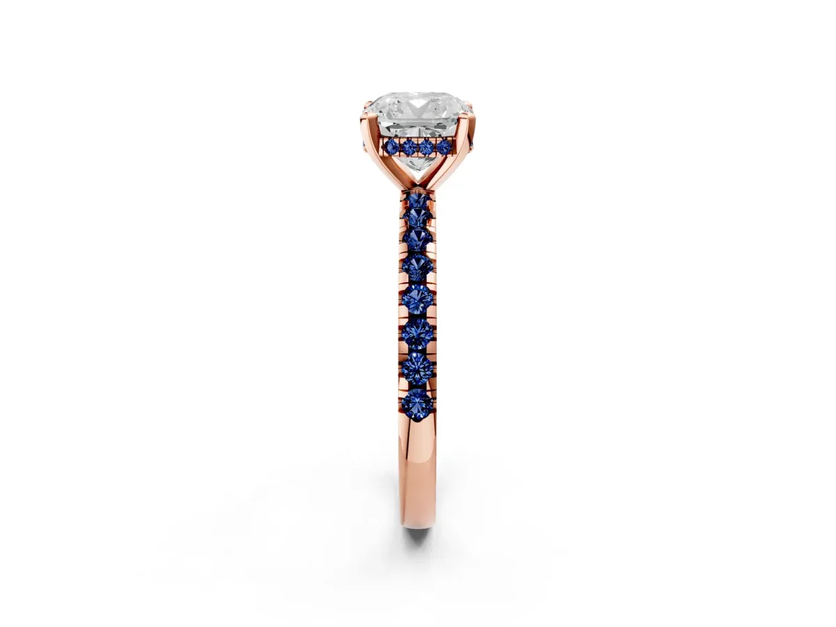 Cushion Cut Diamond Solitaire Ring with Round Blue Sapphire Pavé Band and Four-Prong Setting Rose gold