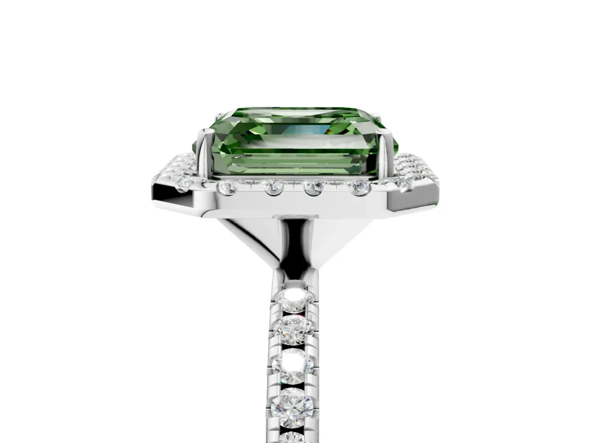 Fancy Green Asscher Cut Diamond Halo Engagement Ring with Round Pavé Band and Prong Setting Platinum