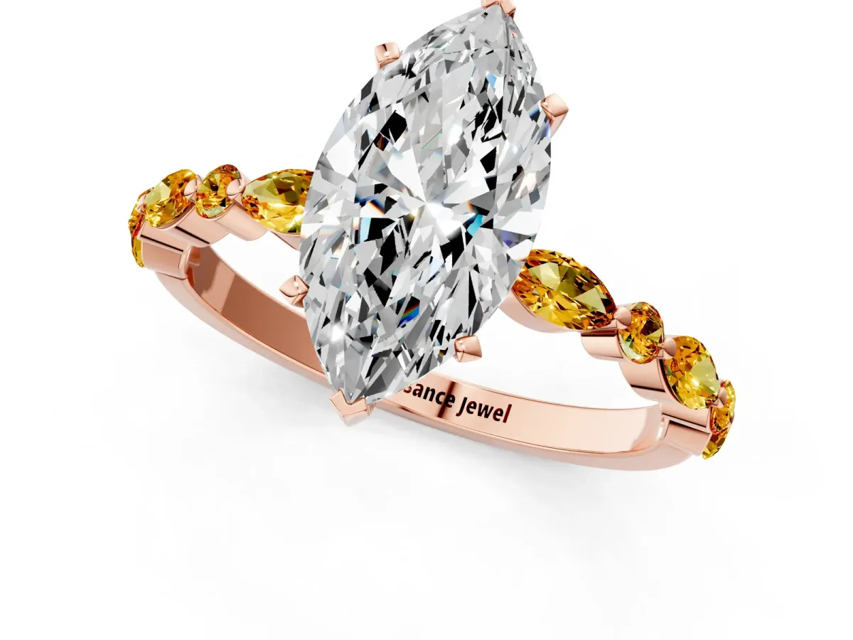 Marquise Cut Diamond Ring with Marquise and Round Citrine Side Stones and Four-Prong Setting Rose gold