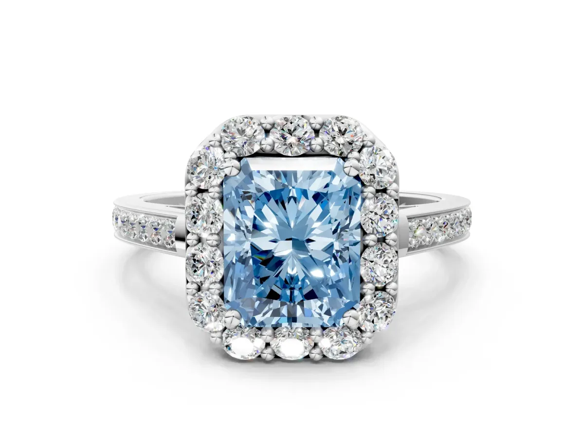 Fancy Blue Radiant Cut Diamond Floral Halo Ring with Pavé Band and Prong Setting Platinum