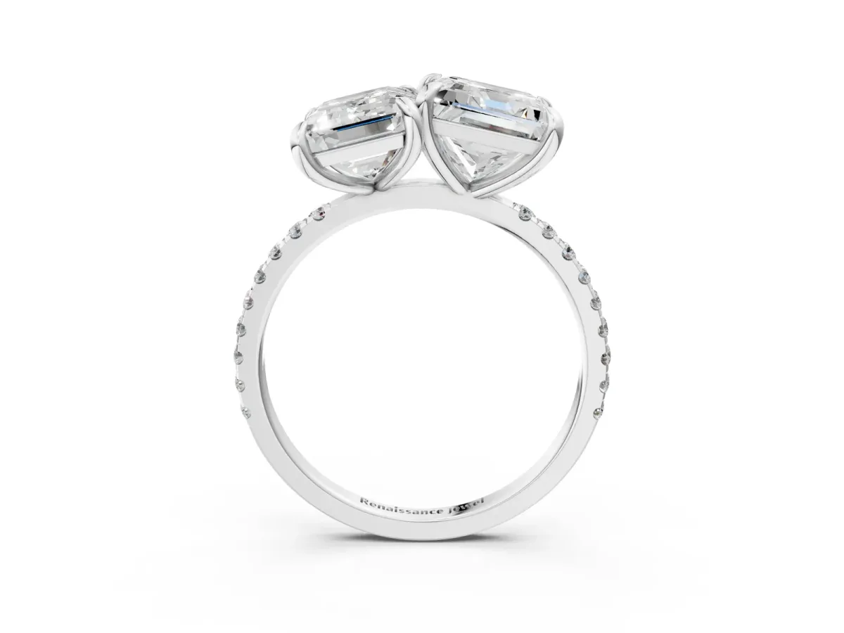 Emerald and Princess Toi Moi Ring with Prong Setting and Micro Pave Band Silver