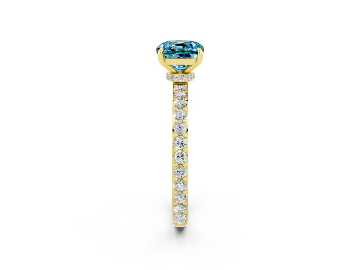 Cushion Cut Blue Topaz Solitaire Engagement Ring with Pavé Band and Four-Prong Setting Yellow gold