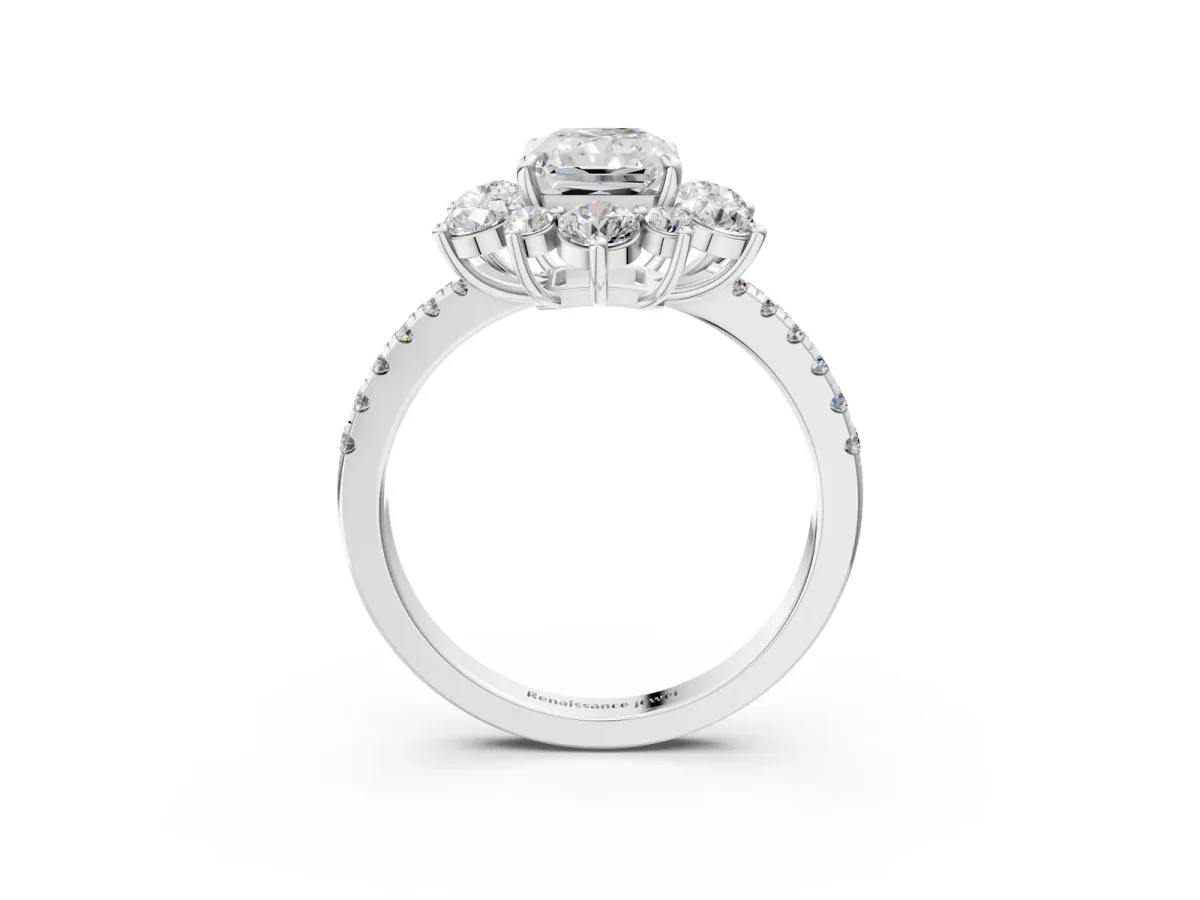 Radiant Cut Diamond Floral Halo Ring with Round Pavé Band and Prong Setting Platinum