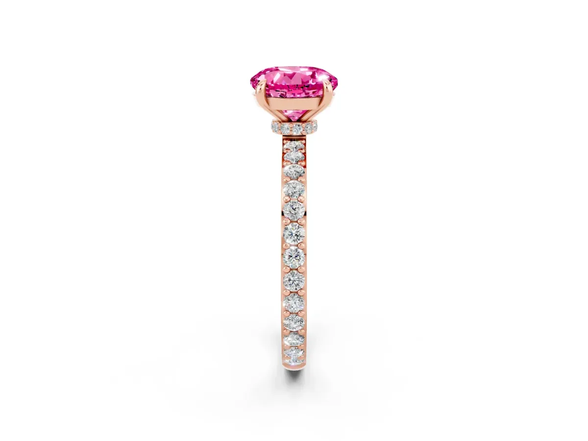 Round Cut Pink Sapphire Solitaire Engagement Ring with Pavé Band and Four-Prong Setting Rose gold