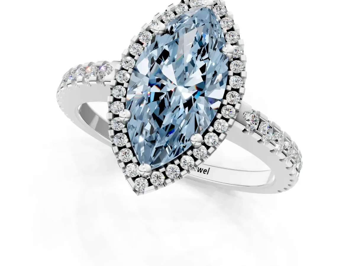 Fancy Blue Marquise Cut Diamond Halo Engagement Ring with Pavé Band and Prong Setting White gold