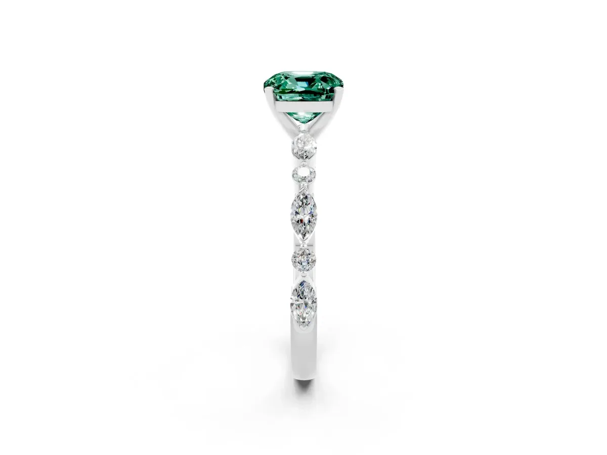 Cushion Cut Green Sapphire Ring with Marquise and Round Side Stones and Four-Prong Setting Platinum
