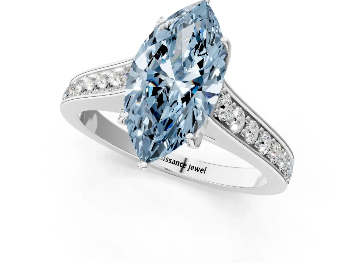 Fancy Blue Marquise Cut Brilliant Cut Diamond Engagement Ring with Pavé Band and Four-Prong Setting Platinum