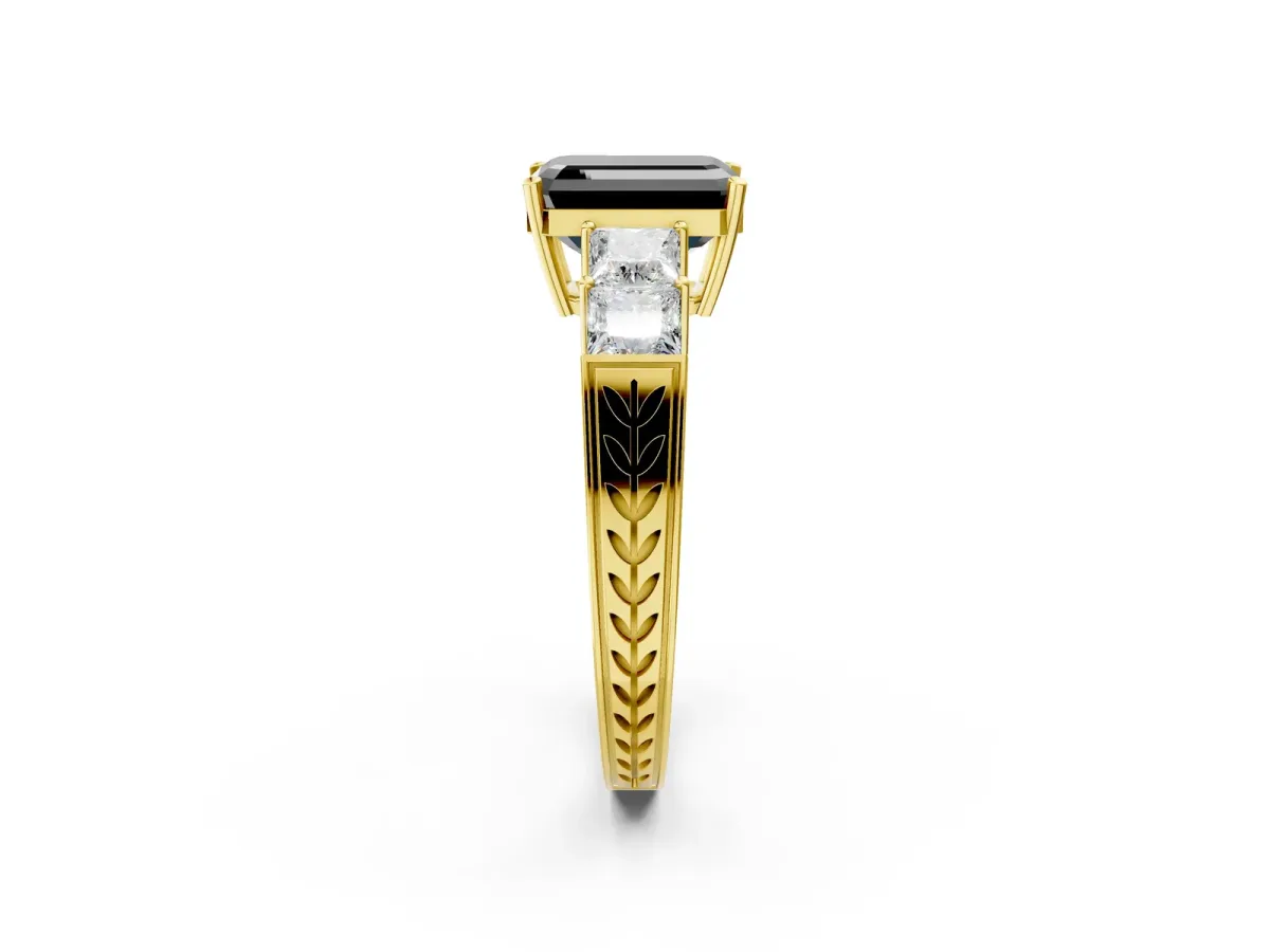 Fancy Black Emerald Cut Solitaire Princess Side Stone Engraved Band Prong Setting Ring Yellow gold