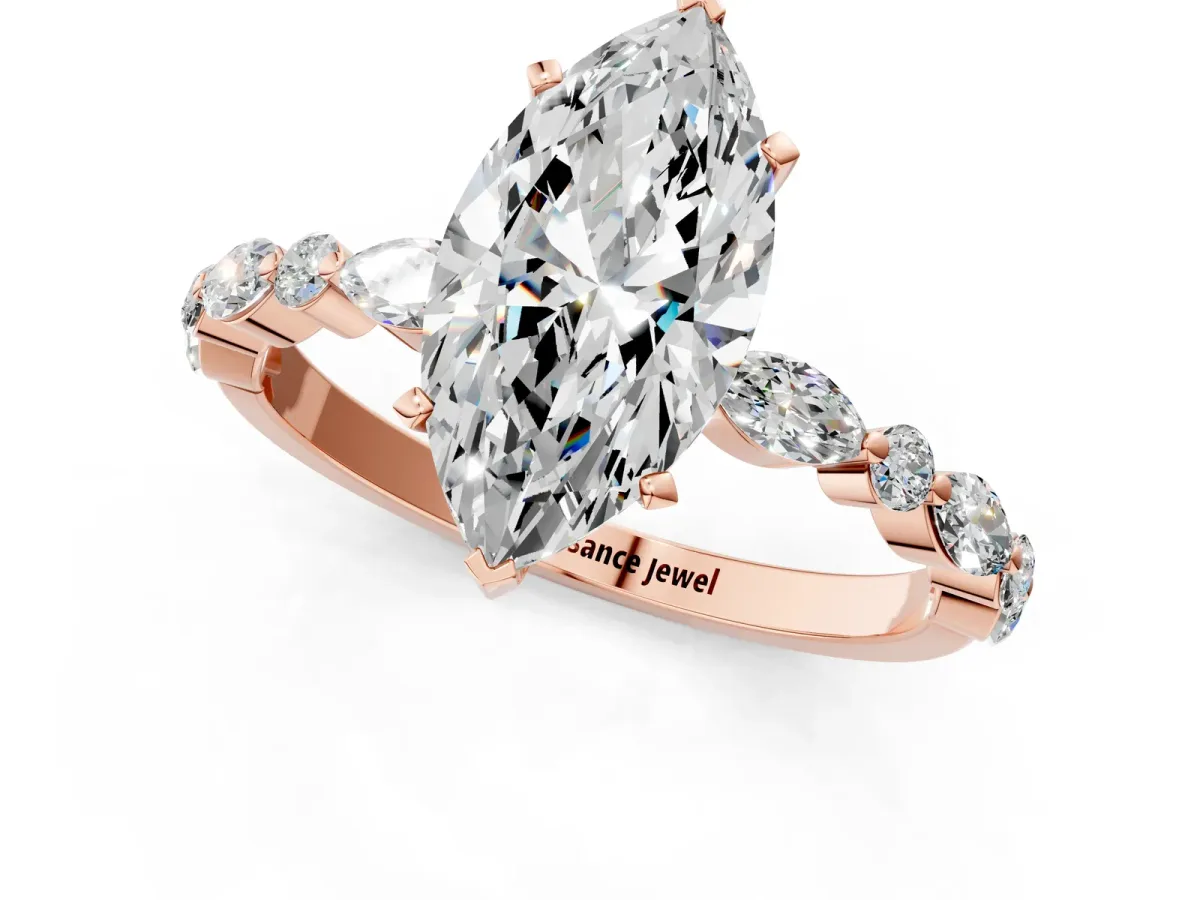 Marquise Cut Diamond Ring with Marquise and Round Side Stones and Four-Prong Setting Rose gold