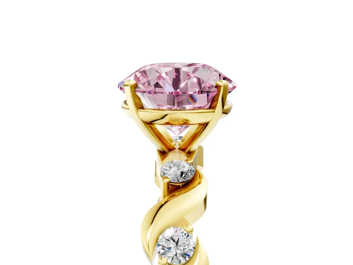 Fancy Pink Round Cut Diamond Solitaire Twisted Band with Round Accents and Prong Setting Yellow gold