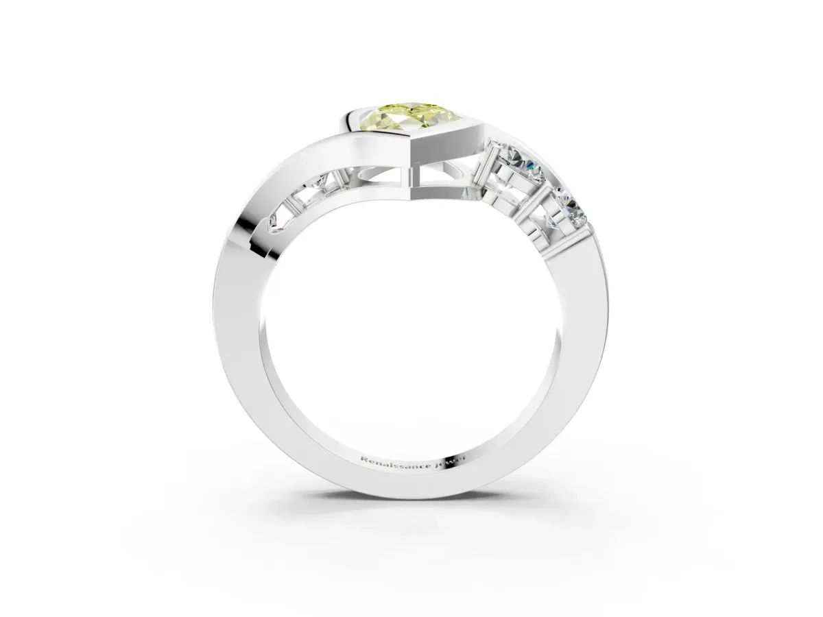 Fancy Yellow Bezel Set Marquise Cut Diamond Bypass Ring with Round Accents Silver