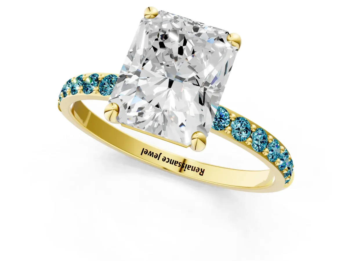 Radiant Cut Diamond Solitaire Ring with Round Blue Topaz Pavé Band and Prong Setting Yellow gold