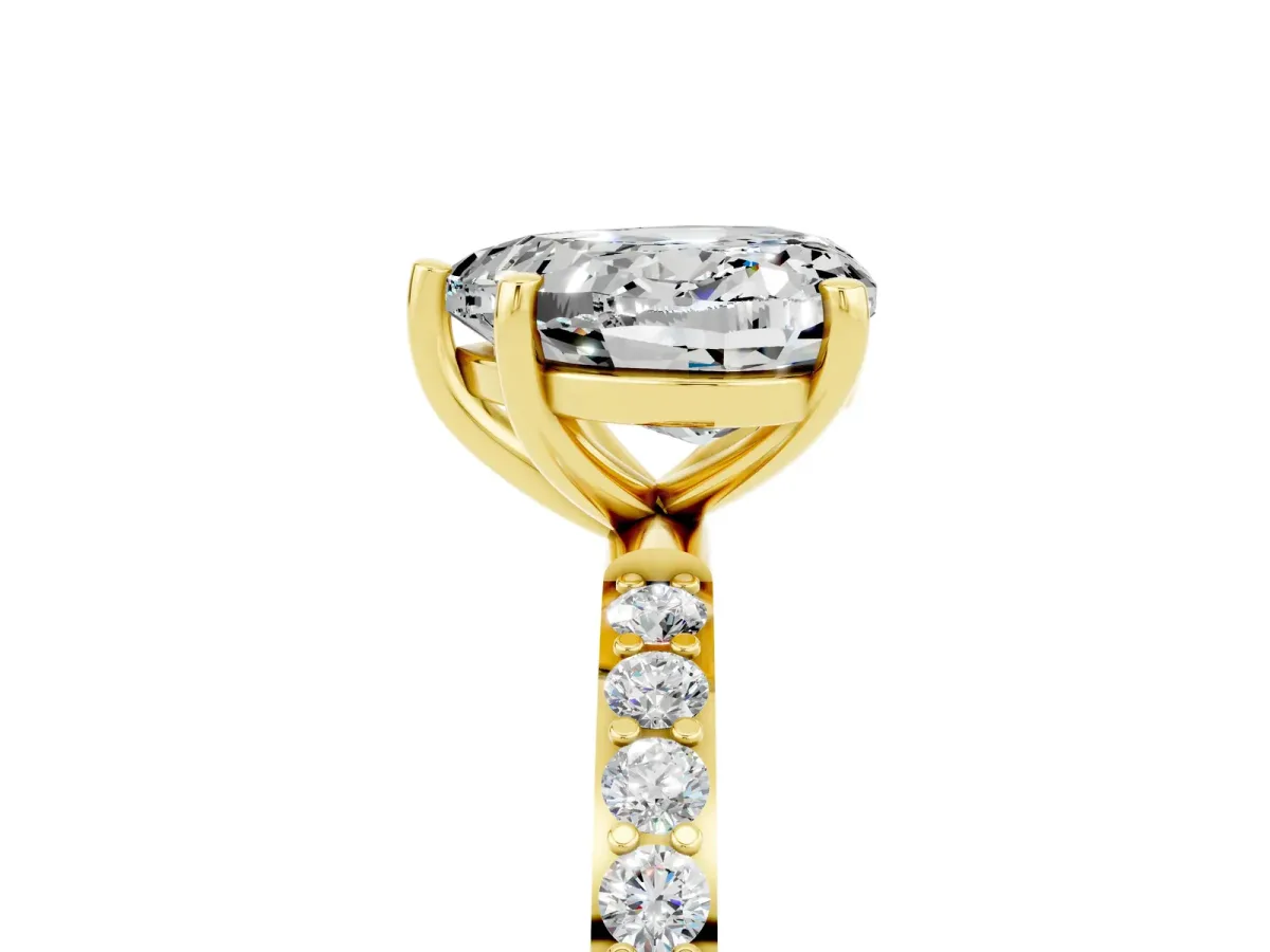 Heart Cut Moissanite Solitaire Ring with Round Pavé Band and Prong Setting Yellow gold