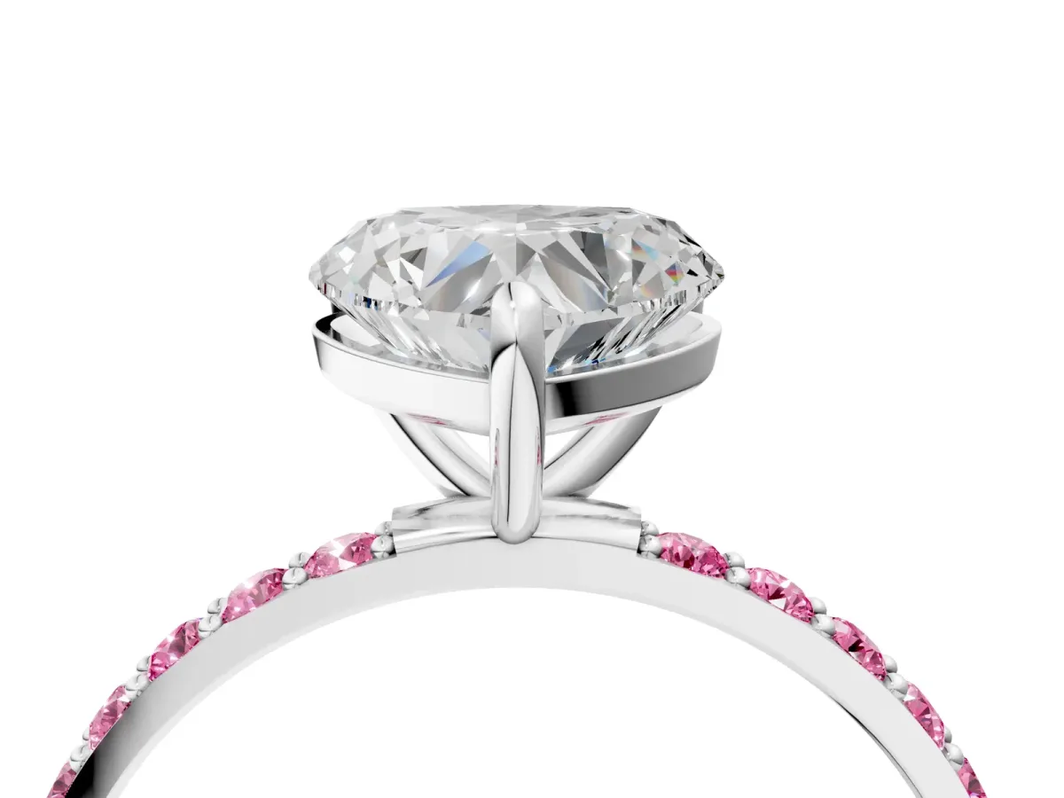 Heart Cut Diamond Solitaire Ring with Round Pink Sapphire Pavé Band and Prong Setting White gold