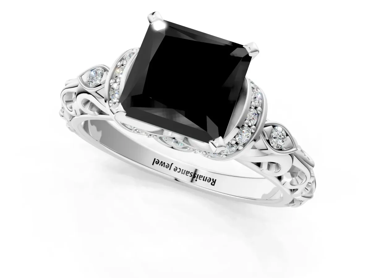 Fancy Black Princess Cut Diamond Solitaire Ring with Filigree Band and Four-Prong Setting Silver
