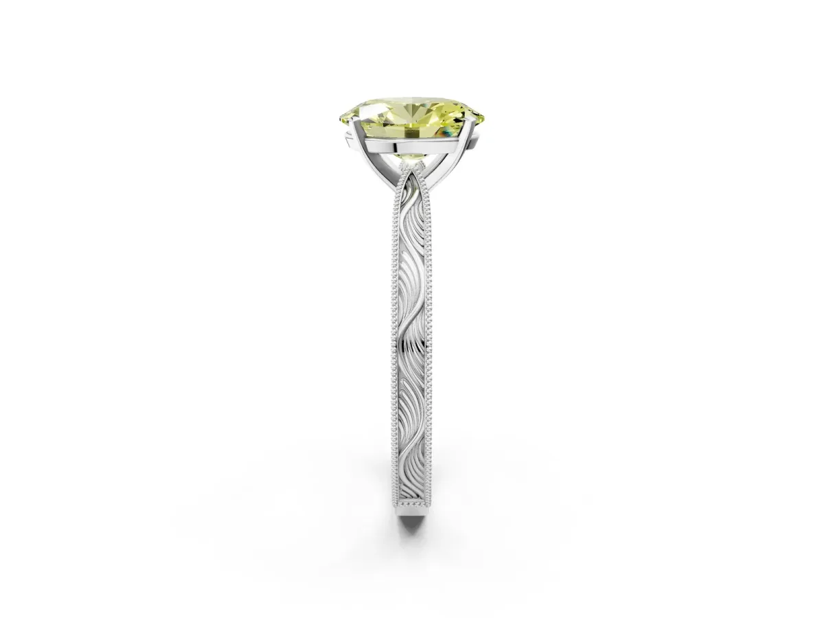 Fancy Yellow Oval Cut Solitaire Milgrain Engraved Band with Four-Prong Setting White gold