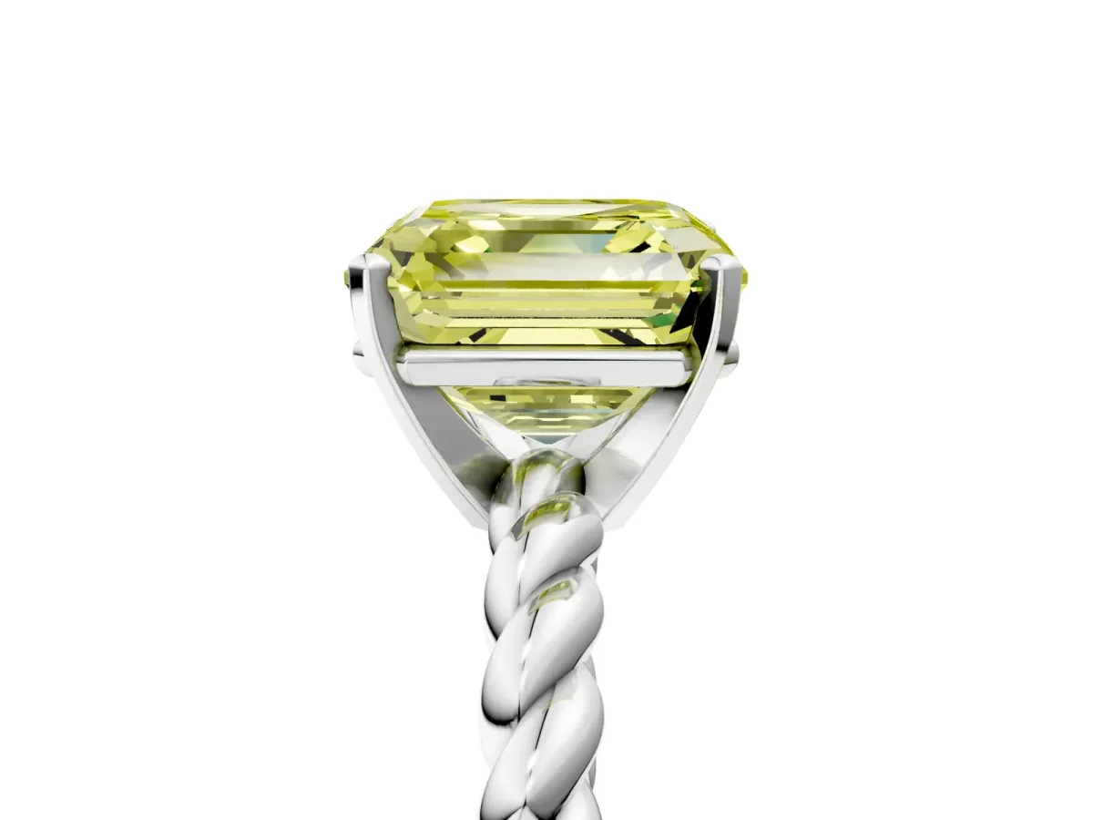 Fancy Yellow Asscher Cut Cut Solitaire Twisted Band with Four-Prong Setting Platinum
