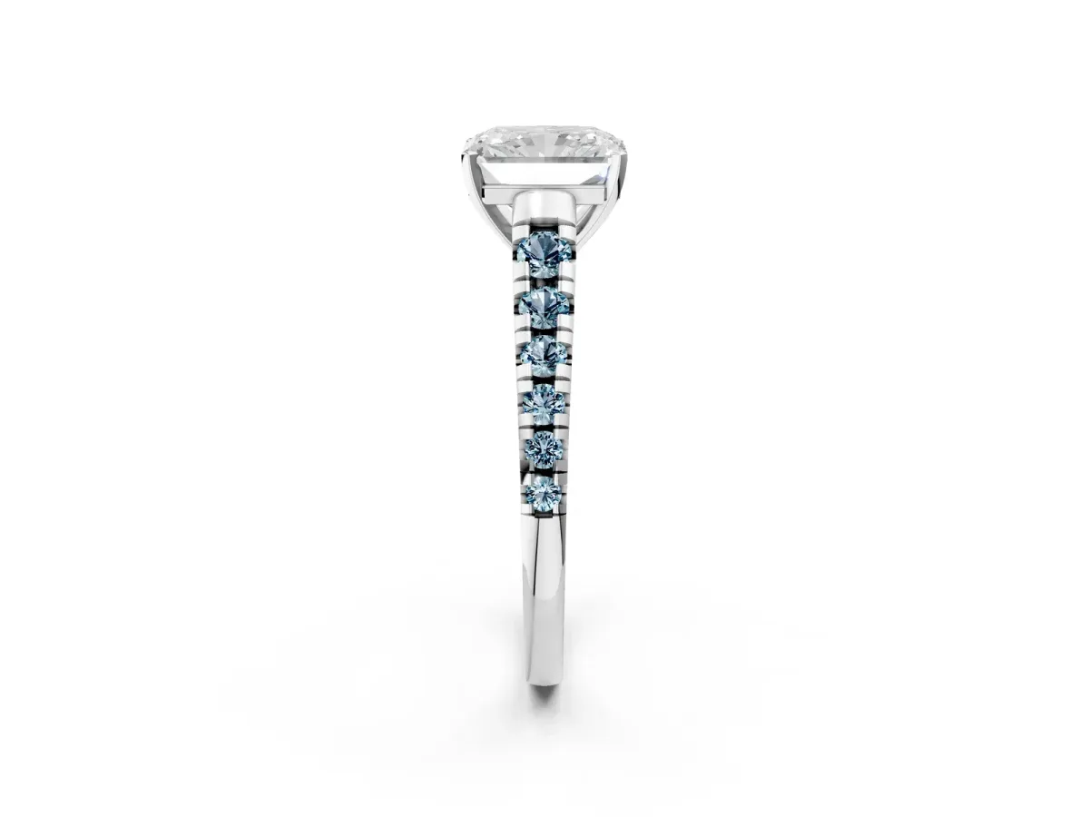 Radiant Cut Diamond Cathedral Solitaire Ring with Round Aquamarine Pavé Band White gold