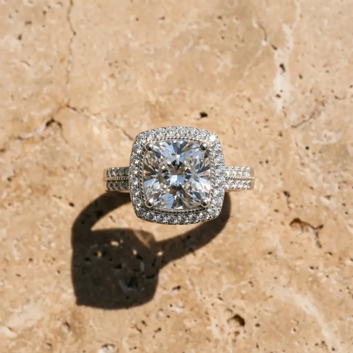Cushion Cut Diamond Double Halo Ring with Split Shank and Four-Prong Setting Silver