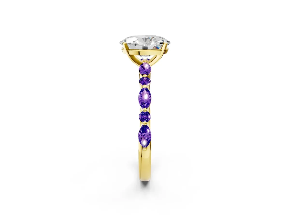 Oval Cut Diamond Ring with Marquise and Round Tanzanite Side Stones and Four-Prong Setting Yellow gold