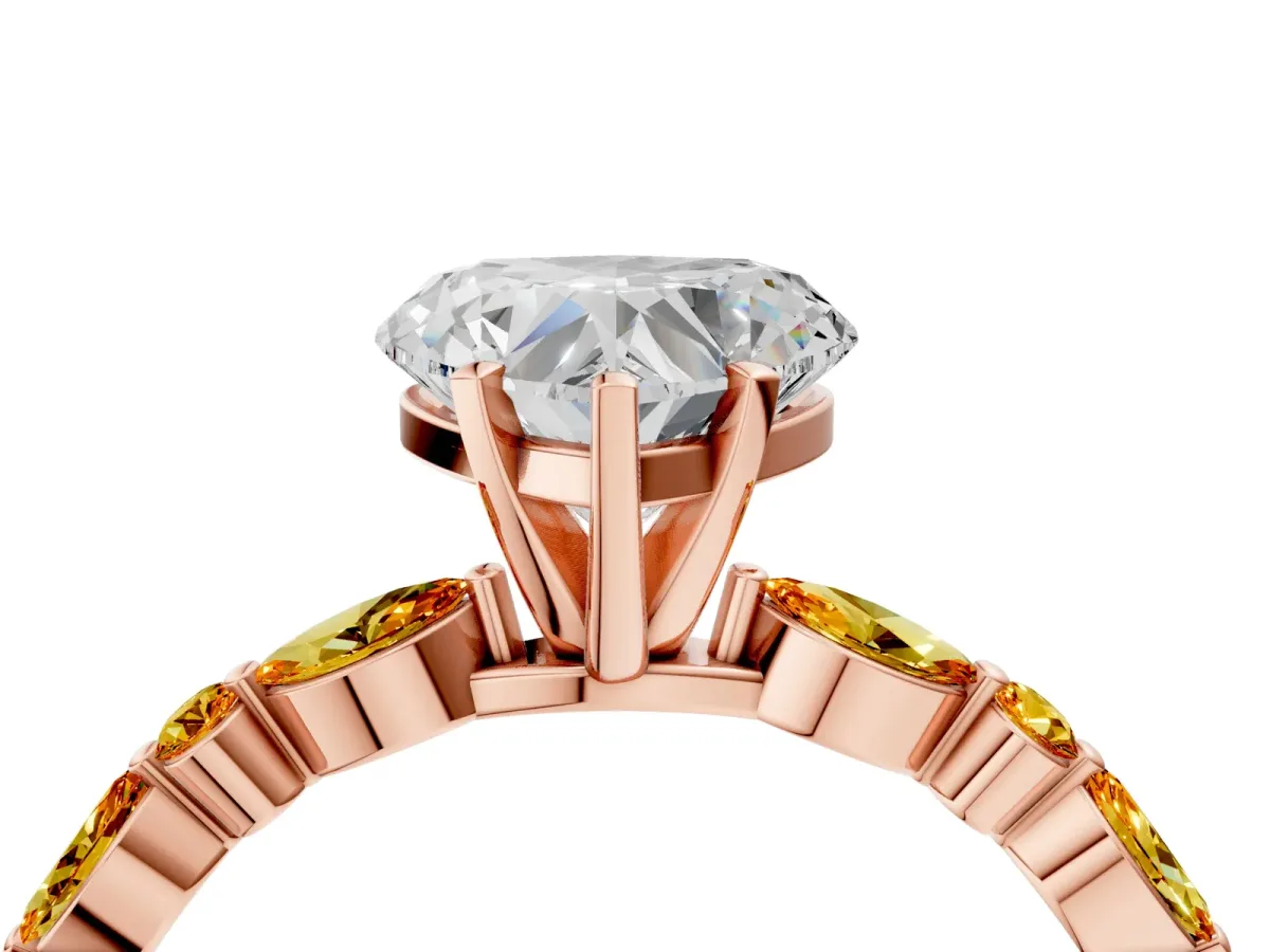 Heart Cut Diamond Ring with Marquise and Round Citrine Side Stones and Four-Prong Setting Rose gold