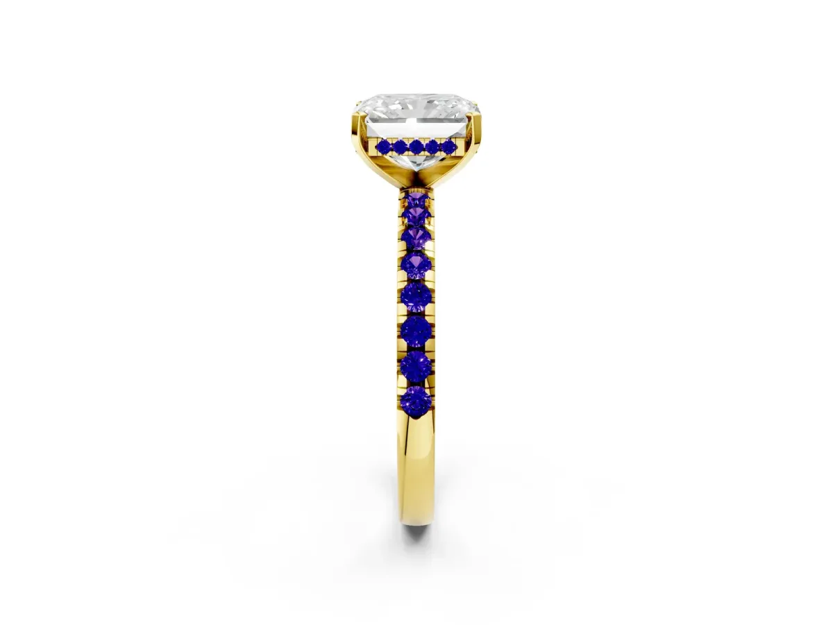 Radiant Cut Diamond Solitaire Ring with Round Tanzanite Pavé Band and Four-Prong Setting Yellow gold
