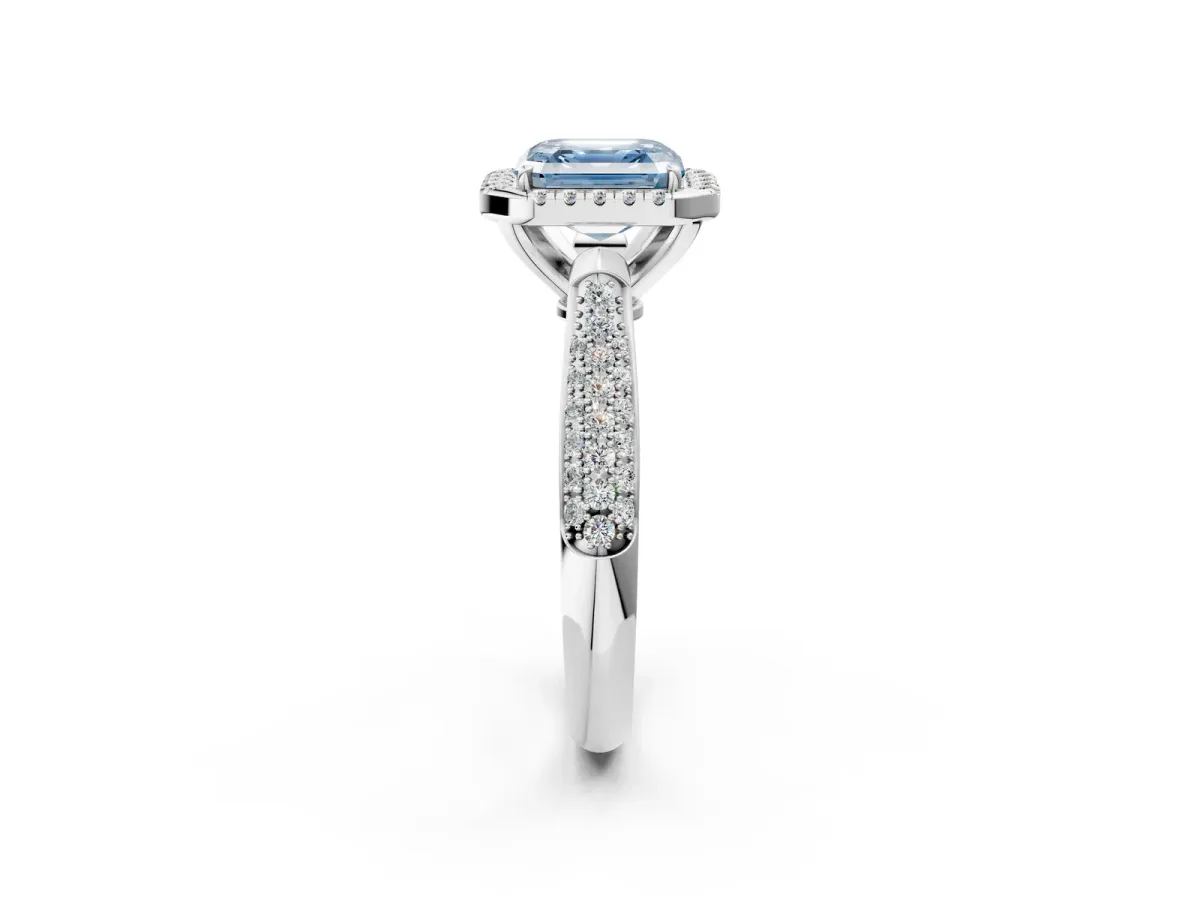 Fancy Blue Asscher Cut Halo Diamond Ring with Pavé Band Platinum