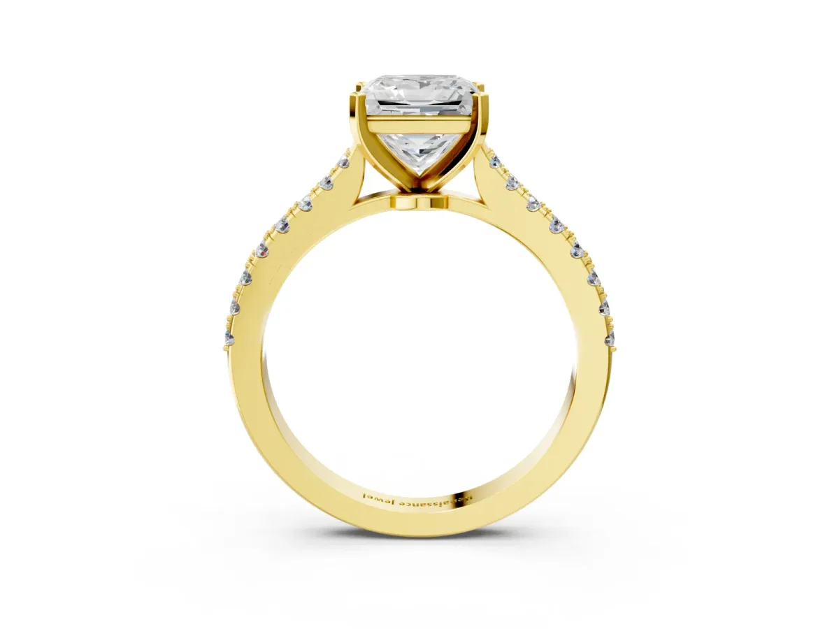 Princess Cut Cut Solitaire Diamond Engagement Ring with Pave Band and Four-Prong Setting Yellow gold