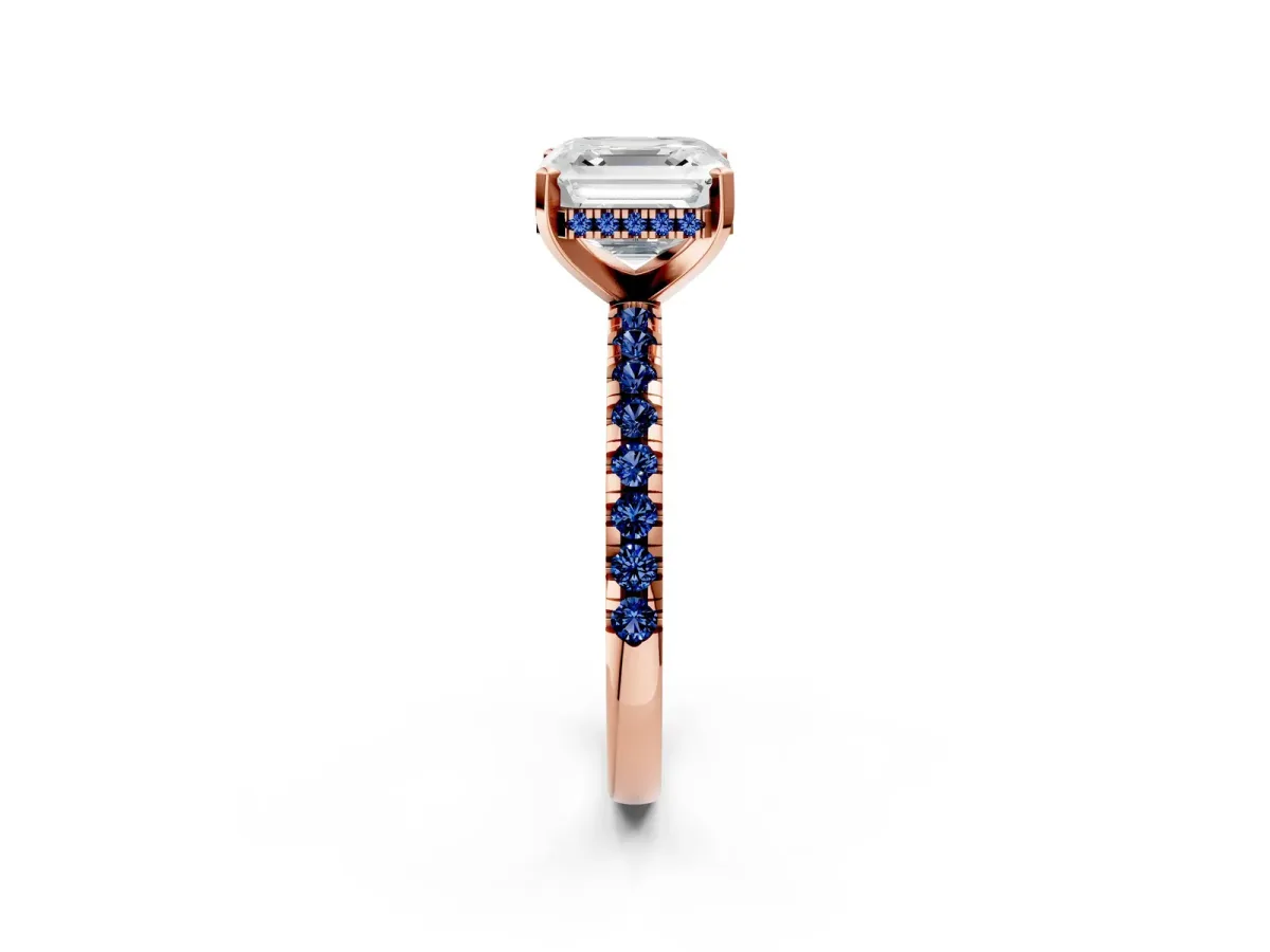 Asscher Cut Diamond Solitaire Ring with Round Blue Sapphire Pavé Band and Four-Prong Setting Rose gold