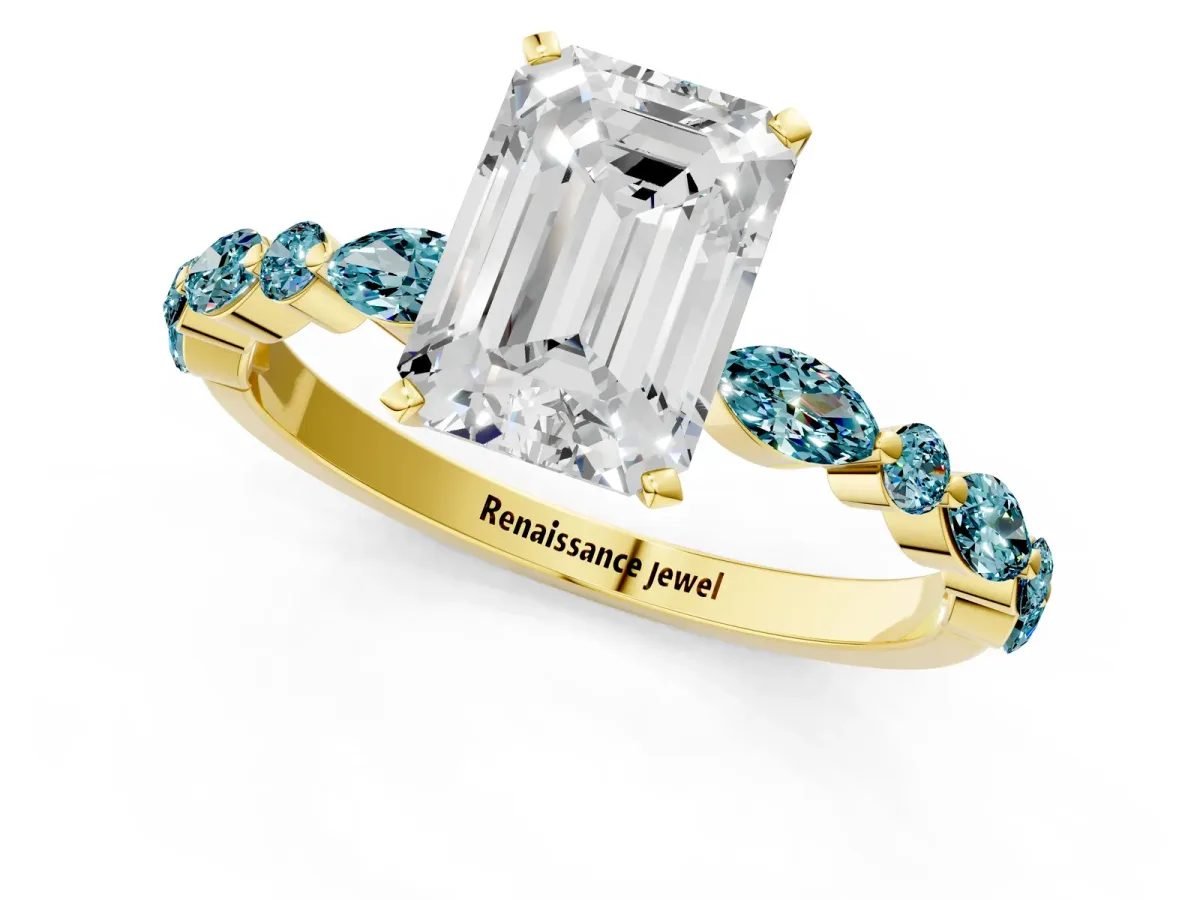Emerald Cut Diamond Ring with Marquise and Round Blue Topaz Side Stones and Four-Prong Setting Yellow gold
